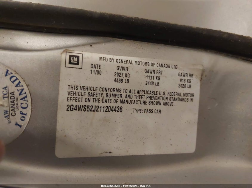 2001 Buick Century Custom VIN: 2G4WS52J211204436 Lot: 43656558