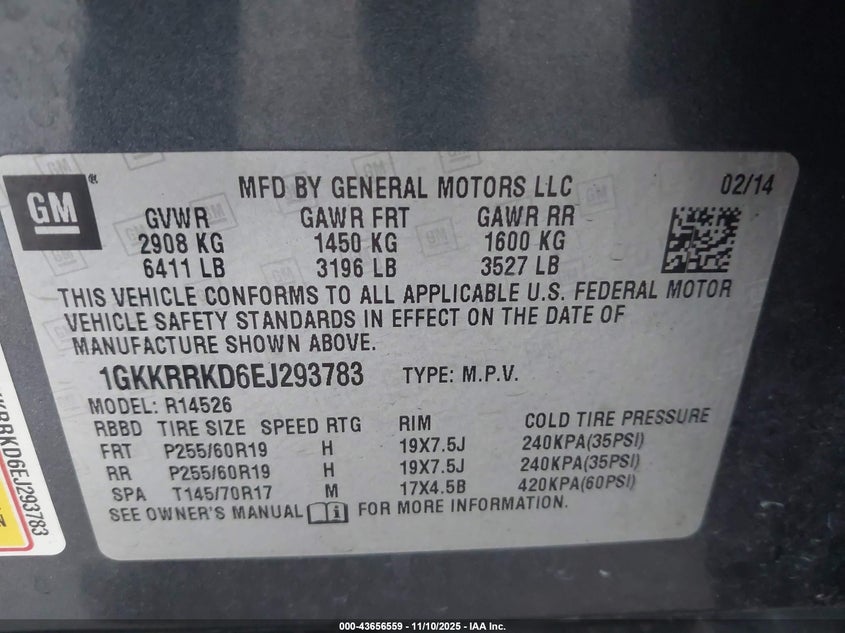 2014 GMC Acadia Slt-1 VIN: 1GKKRRKD6EJ293783 Lot: 43656559