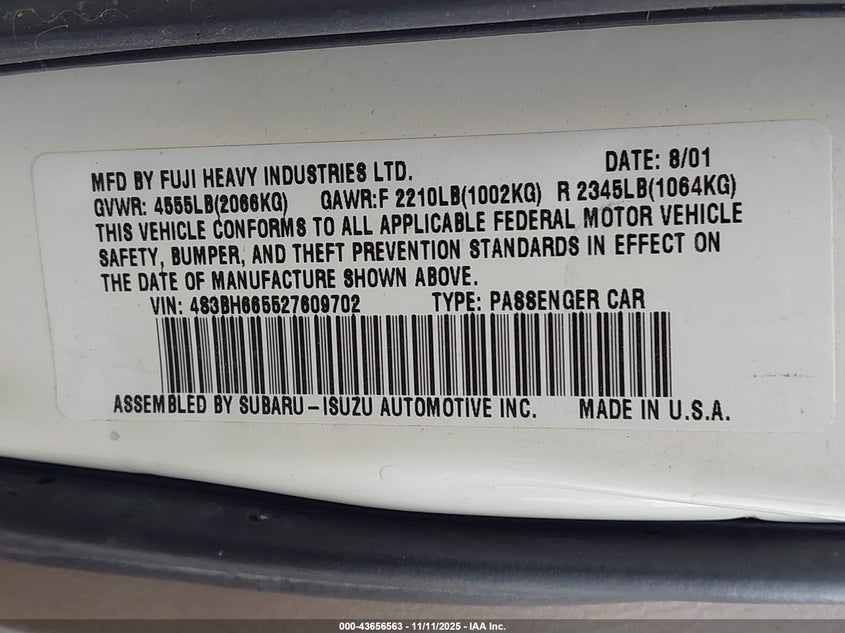 2002 Subaru Outback VIN: 4S3BH665527609702 Lot: 43656563