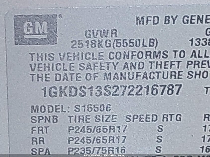 2007 GMC Envoy Sle VIN: 1GKDS13S272216787 Lot: 43656564