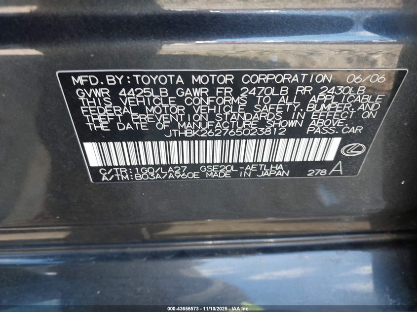 2006 Lexus Is 250 VIN: JTHBK262765023812 Lot: 43656573