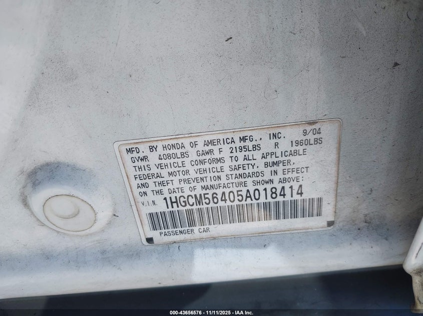 1HGCM56405A018414 2005 HONDA ACCORD photo no. 9