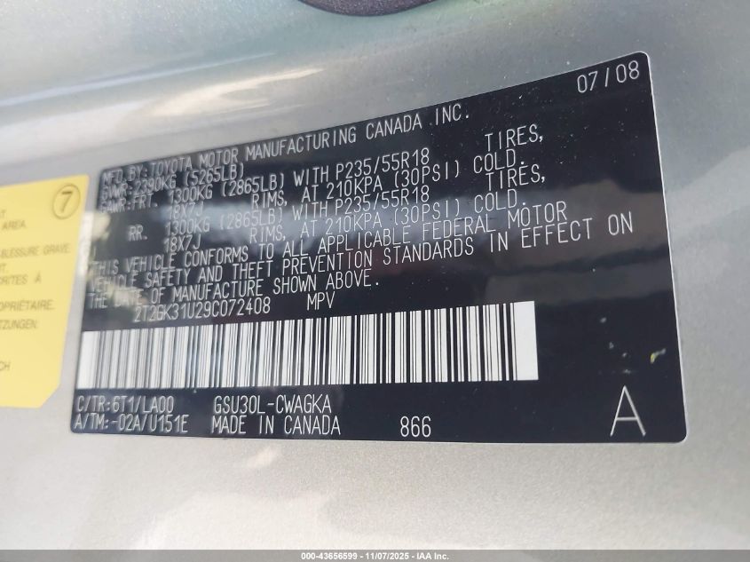 2009 Lexus Rx 350 VIN: 2T2GK31U29C072408 Lot: 43656599