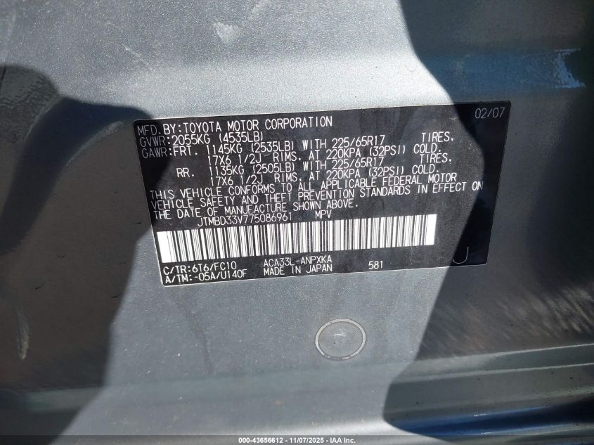 2007 Toyota Rav4 VIN: JTMBD33V775086961 Lot: 43656612