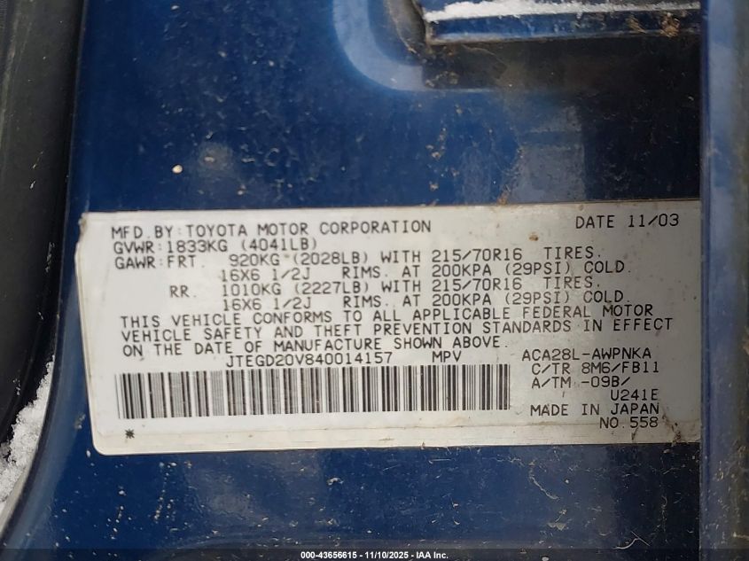 2004 Toyota Rav4 VIN: JTEGD20V840014157 Lot: 43656615