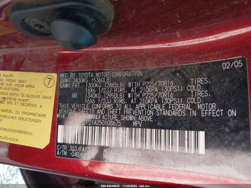 2005 Toyota Highlander V6 VIN: JTEEP21A250108675 Lot: 43656629