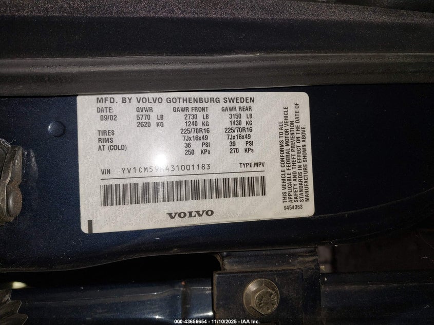 2003 Volvo Xc90 2.5T VIN: YV1CM59H431001183 Lot: 43656654