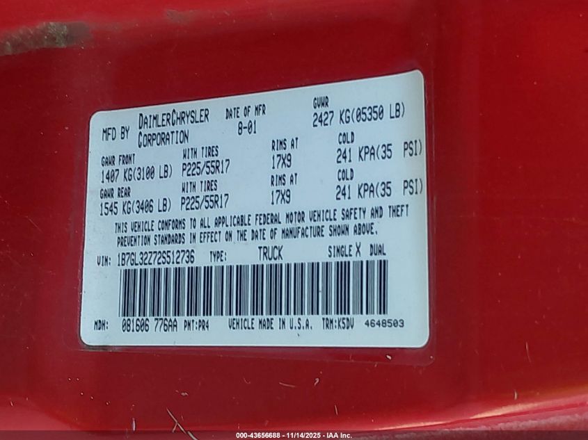 2002 Dodge Dakota Sport VIN: 1B7GL32Z72S512736 Lot: 43656688
