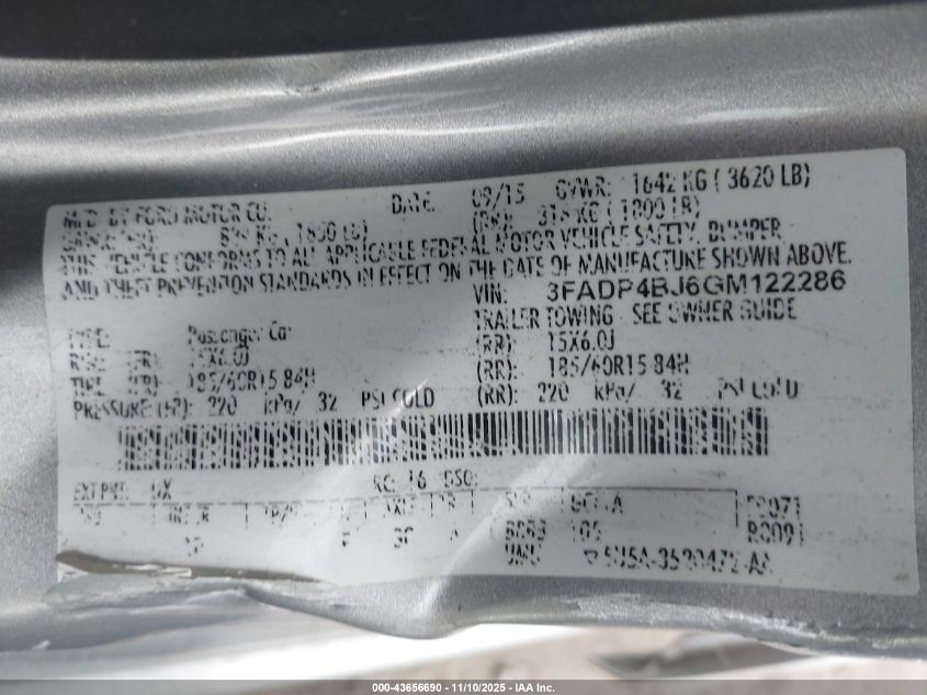 2016 Ford Fiesta Se VIN: 3FADP4BJ6GM122286 Lot: 43656690