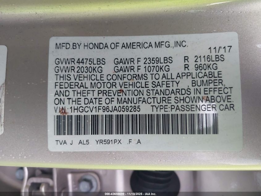 2018 Honda Accord VIN: 1HJCV1F96JA052928 Lot: 43656699