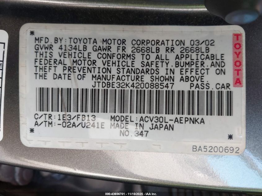 2002 Toyota Camry Le/Se/Xle VIN: JTDBE32K420088547 Lot: 43656701