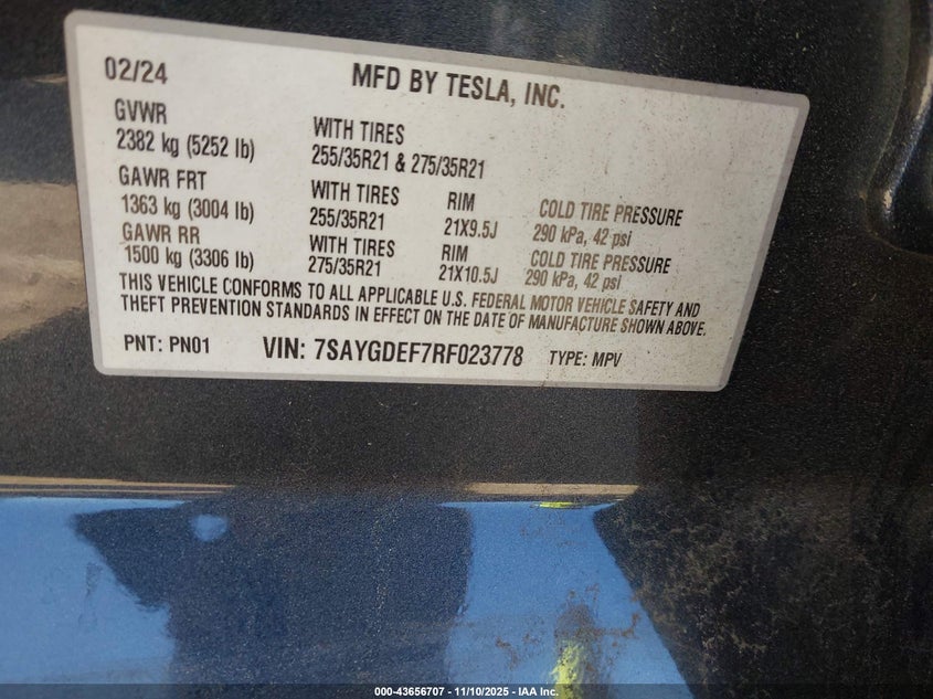 2024 Tesla Model Y Performance Dual Motor All-Wheel Drive VIN: 7SAYGDEF7RF023778 Lot: 43656707