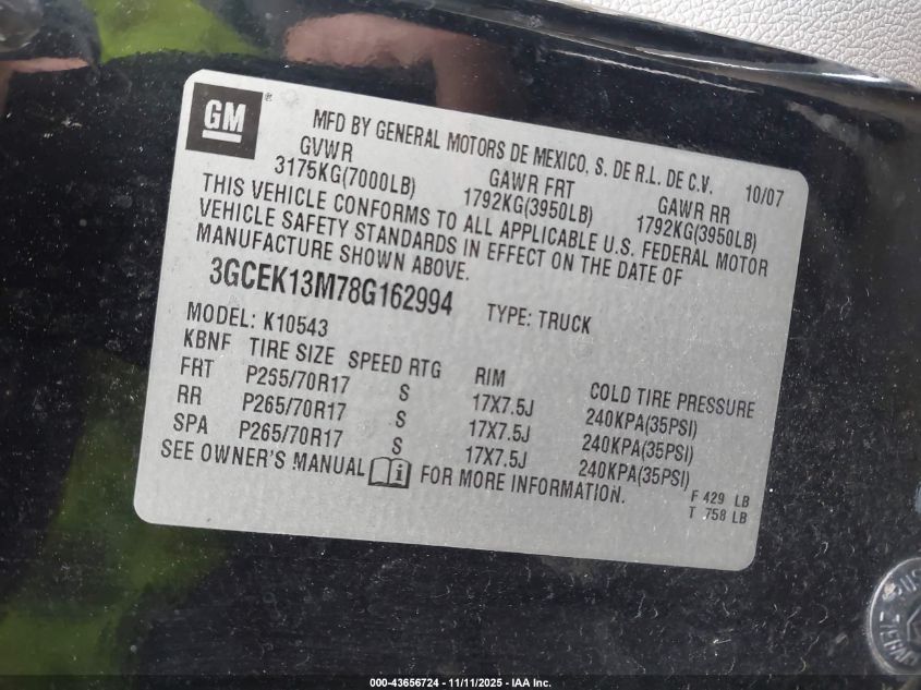 2008 Chevrolet Silverado 1500 Ltz VIN: 3GCEK13M78G162994 Lot: 43656724