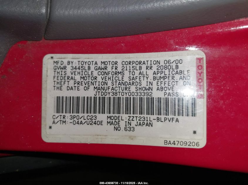 2000 Toyota Celica Gts VIN: JTDDY38T0Y0033392 Lot: 43656730