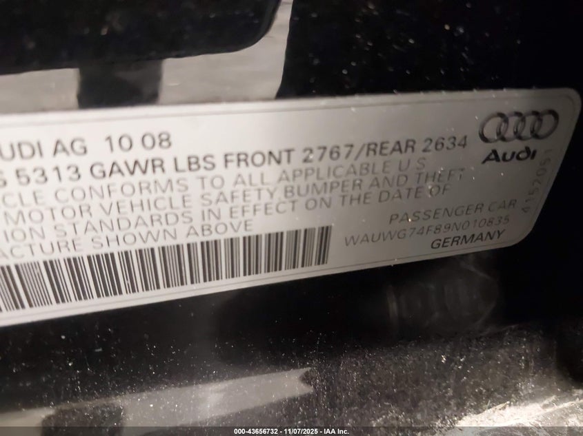 2009 Audi A6 3.0 Premium VIN: WAUWG74F89N010835 Lot: 43656732