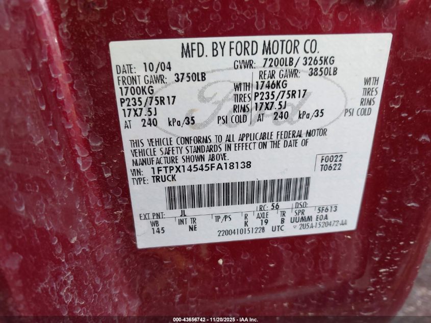 2005 Ford F-150 Fx4/Lariat/Xl/Xlt VIN: 1FTPX14545FA18138 Lot: 43656742