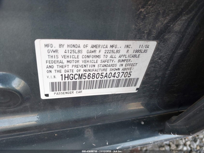 1HGCM56805A043705 2005 HONDA ACCORD photo no. 9