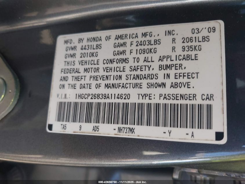 2009 Honda Accord 2.4 Ex-L VIN: 1HGCP26839A114620 Lot: 43656758