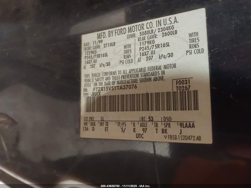 2000 Ford Ranger Xl/Xlt VIN: 1FTZR15V5YTA37076 Lot: 43656760