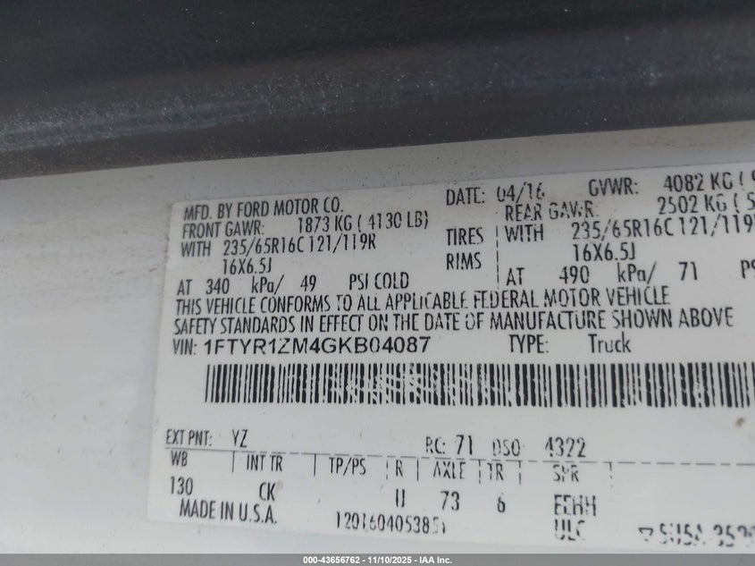 2016 Ford Transit-250 VIN: 1FTYR1ZM4GKB04087 Lot: 43656762
