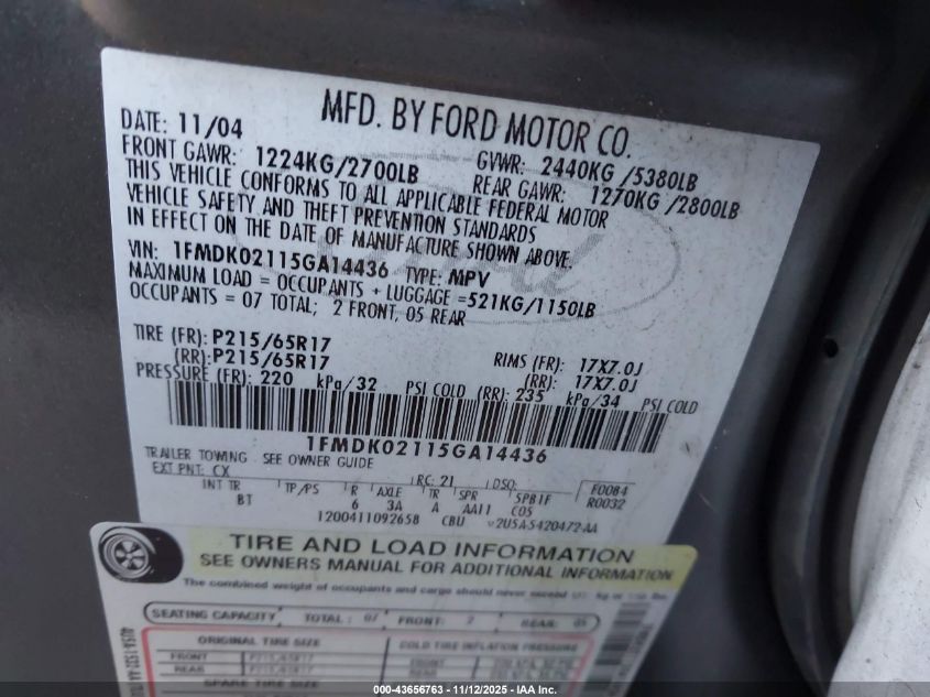 2005 Ford Freestyle Sel VIN: 1FMDK02115GA14436 Lot: 43656763