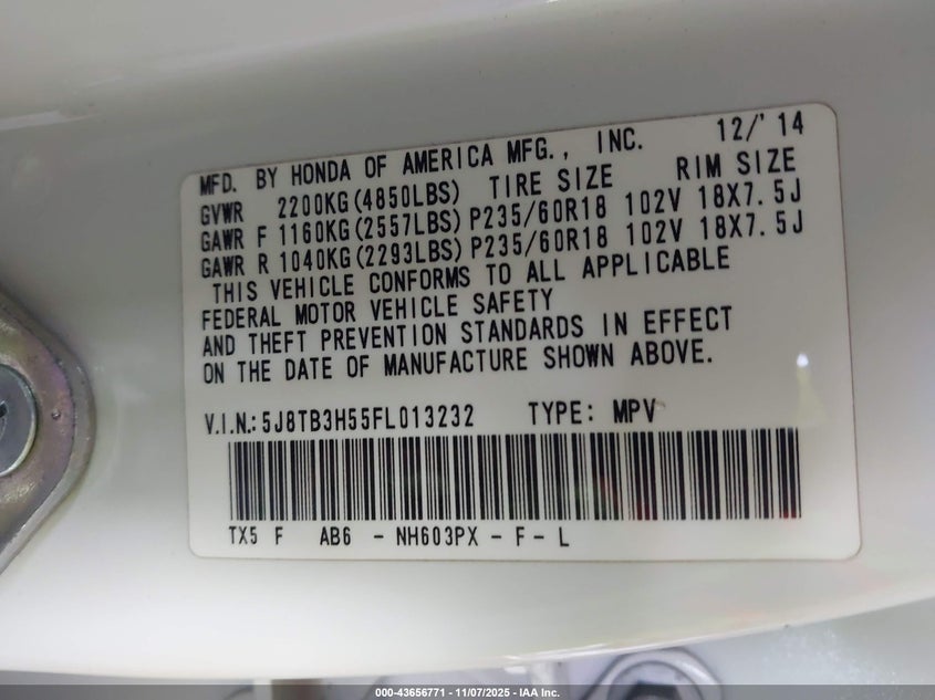 2015 Acura Rdx VIN: 5J8TB3H55FL013232 Lot: 43656771