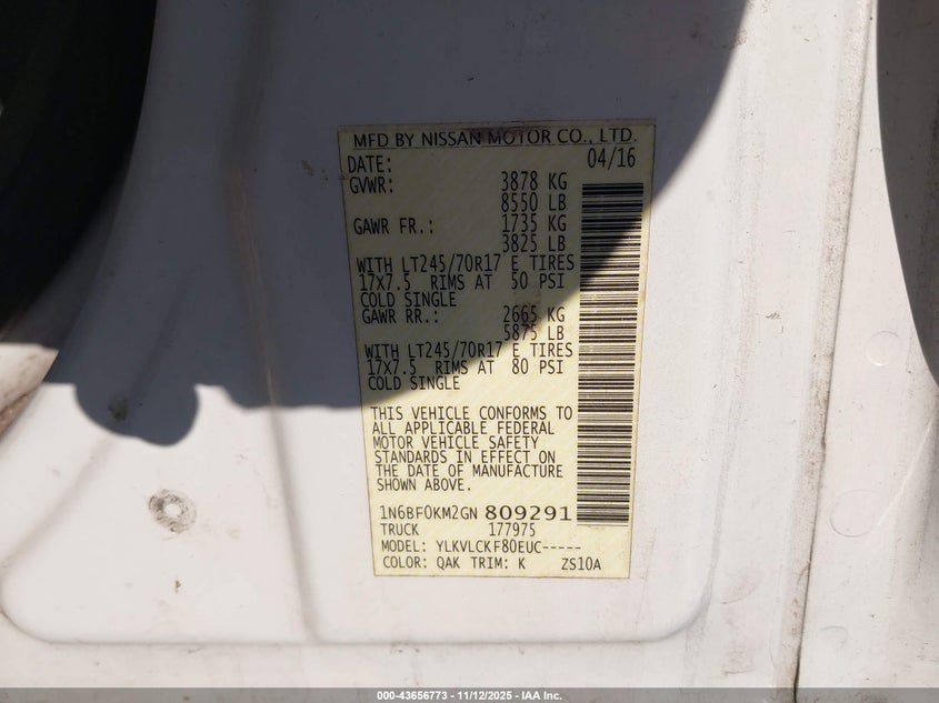 2016 Nissan Nv Cargo Nv1500 S V6 VIN: 1N6BF0KM2GN809291 Lot: 43656773