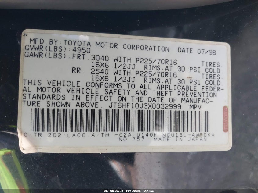 1999 Lexus Rx 300 VIN: JT6HF10U3X0032999 Lot: 43656783