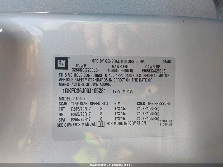 2009 GMC Yukon Xl 1500 Slt2 VIN: 1GKFC36J09J105281 Lot: 43656796