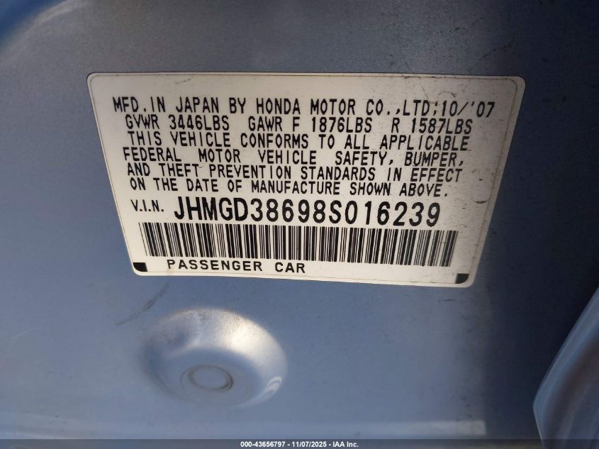 2008 Honda Fit Sport VIN: JHMGD38698S016239 Lot: 43656797