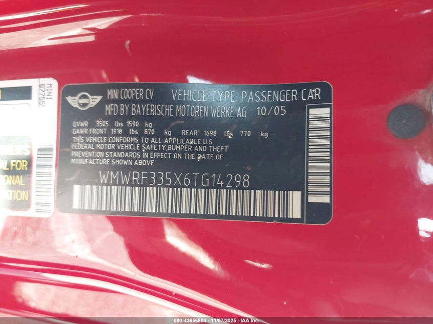 2006 Mini Cooper VIN: WMWRF335X6TG14298 Lot: 43656804