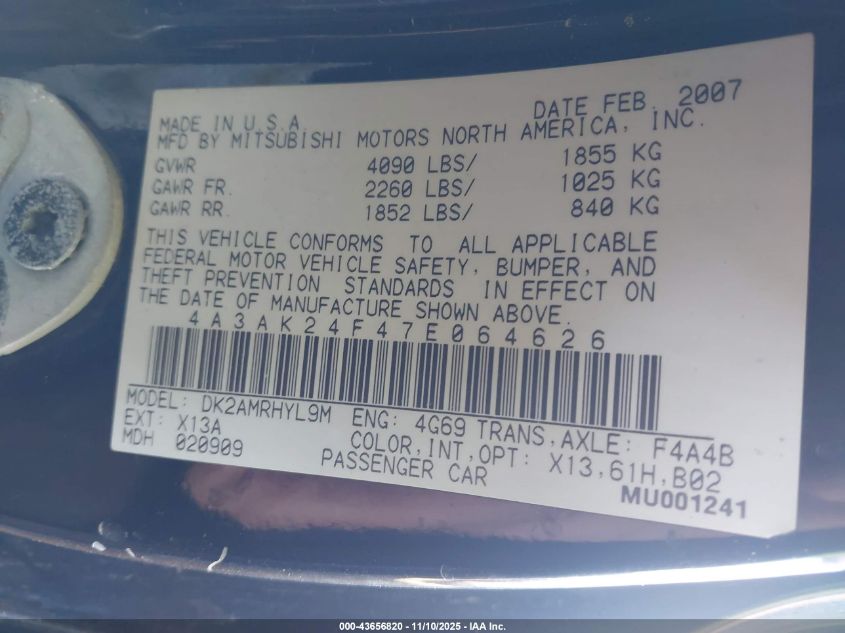 2007 Mitsubishi Eclipse Gs VIN: 4A3AK24F47E064626 Lot: 43656820