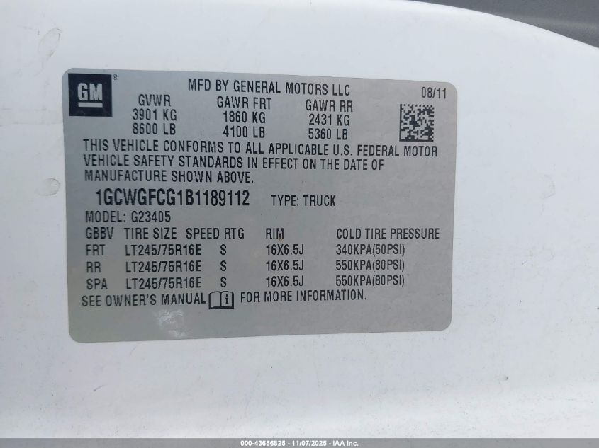 2011 Chevrolet Express 2500 Work Van VIN: 1GCWGFCG1B1189112 Lot: 43656825