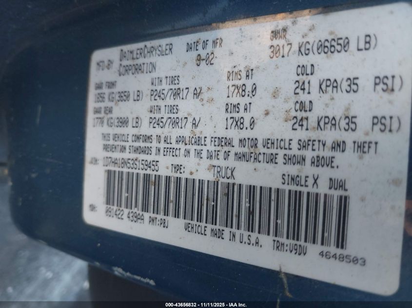 2003 Dodge Ram 1500 Slt/Laramie/St VIN: 1D7HA18N53S159455 Lot: 43656832