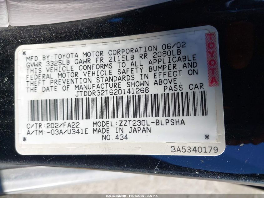 2002 Toyota Celica Gt VIN: JTDDR32T620141268 Lot: 43656890