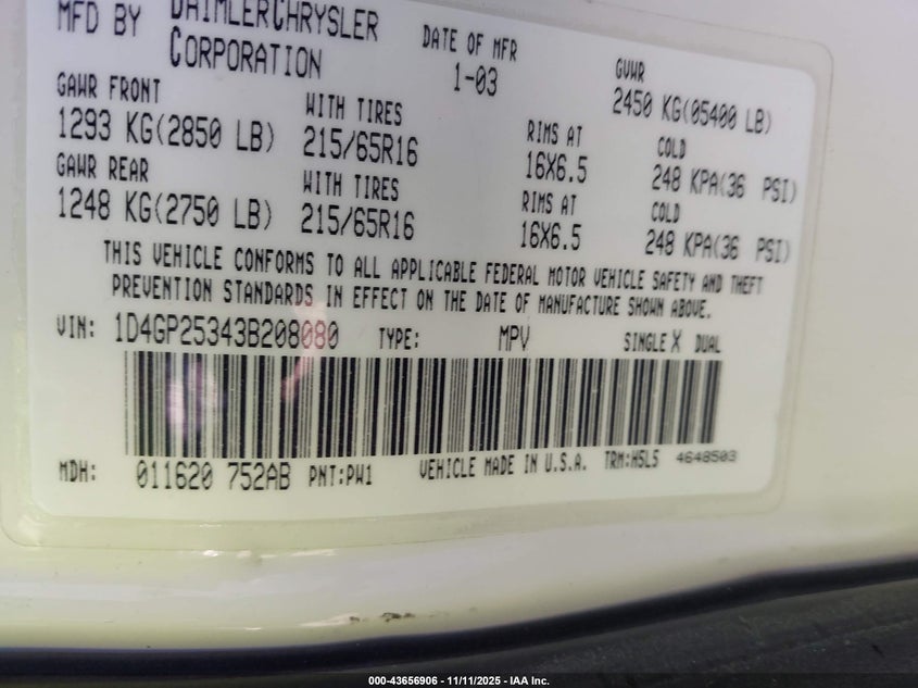 2003 Dodge Caravan Se VIN: 1D4GP25343B208080 Lot: 43656906