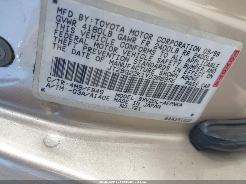 2000 Toyota Camry Le VIN: JT2BG22K1Y0388956 Lot: 43656919