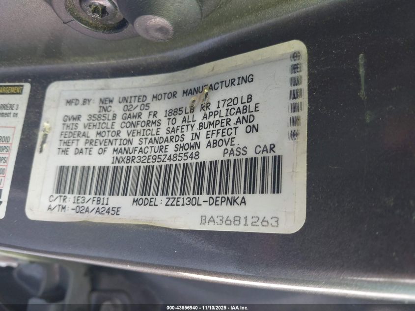 2005 Toyota Corolla Le VIN: 1NXBR32E95Z485548 Lot: 43656940