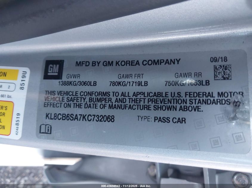 2019 Chevrolet Spark Ls Cvt VIN: KL8CB6SA7KC732068 Lot: 43656942