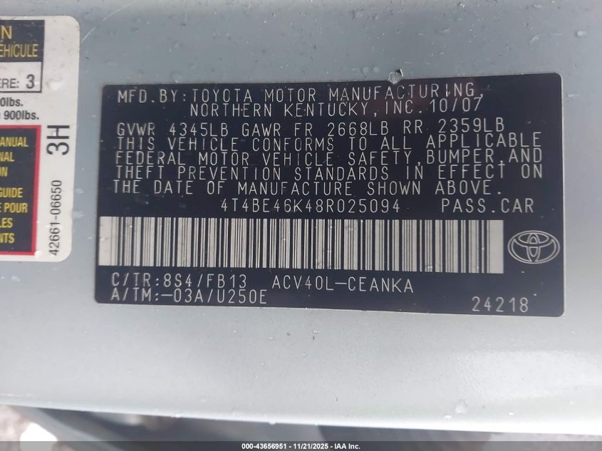 2008 Toyota Camry Le VIN: 4T4BE46K48R025094 Lot: 43656951