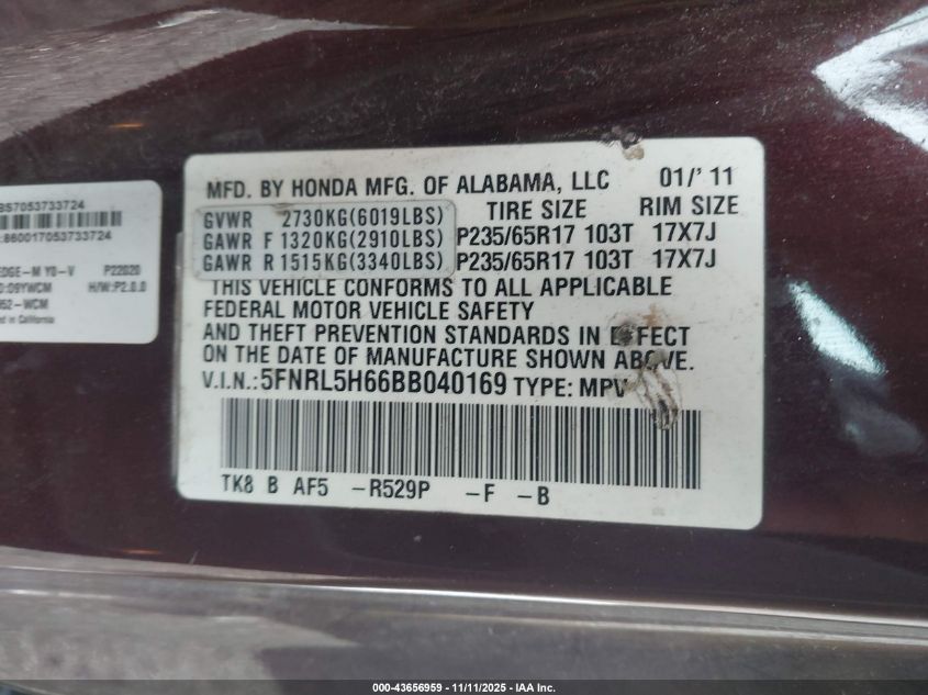 2011 Honda Odyssey Ex-L VIN: 5FNRL5H66BB040169 Lot: 43656959