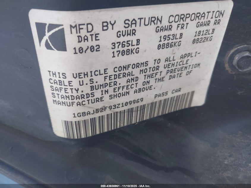 1G8AJ52F93Z109969 2003 SATURN ION photo no. 9