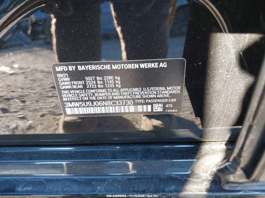 2022 BMW 3 Series M340I xDrive VIN: 3MW5U9J06N8C33730 Lot: 43656962