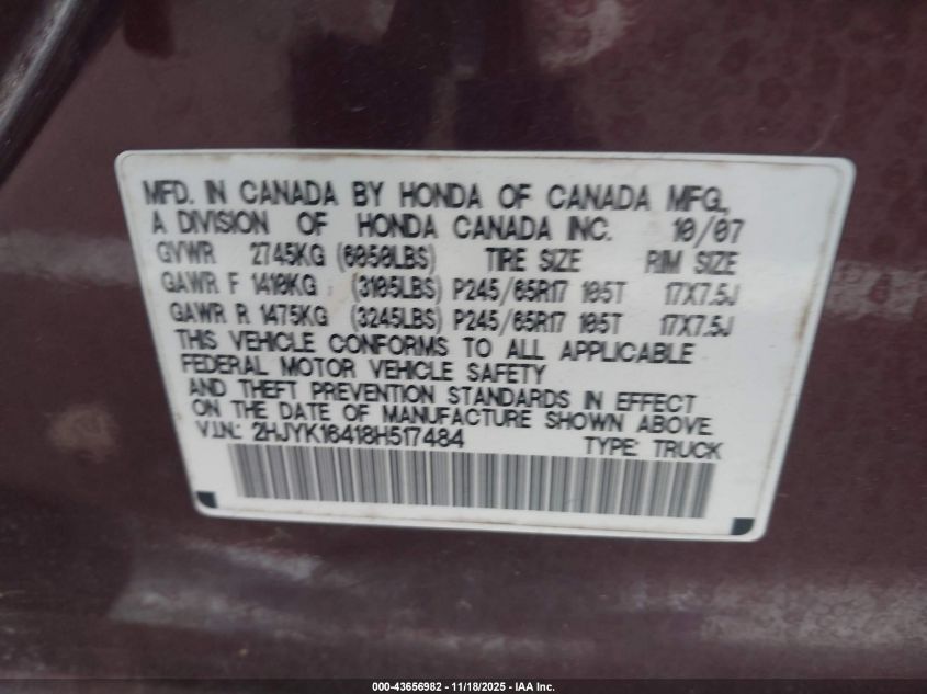 2008 Honda Ridgeline Rts VIN: 2HJYK16418H517484 Lot: 43656982