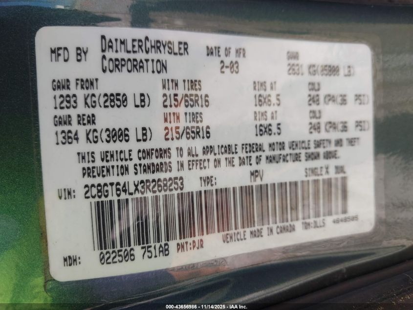 2003 Chrysler Town & Country Limited VIN: 2C8GT64LX3R268253 Lot: 43656986