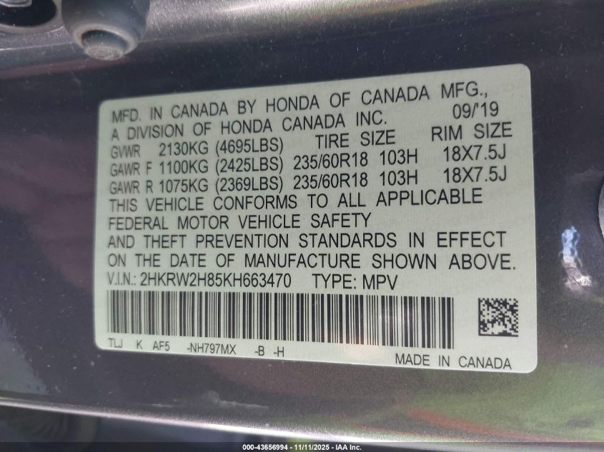 2019 Honda Cr-V Ex-L VIN: 2HKRW2H85KH663470 Lot: 43656994