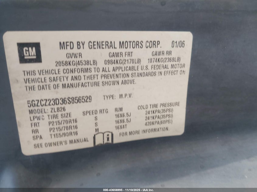 2006 Saturn Vue 4 Cyl VIN: 5GZCZ23D36S856529 Lot: 43656995