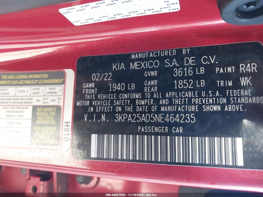 2022 Kia Rio 5-Door S VIN: 3KPA25AD5NE464235 Lot: 43657000