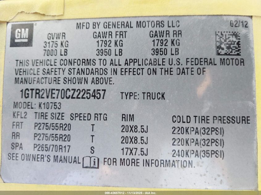 2012 GMC Sierra 1500 Sle VIN: 1GTR2VE70CZ225457 Lot: 43657012