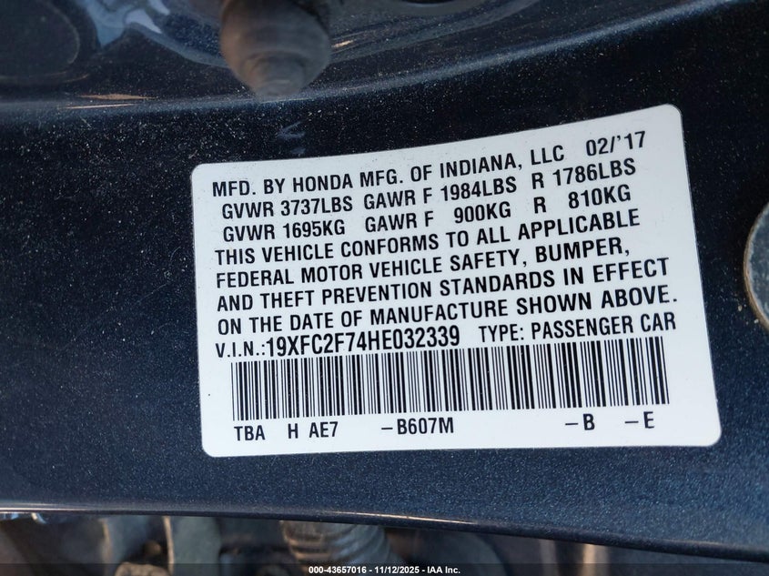 2017 HONDA CIVIC EX 19XFC2F74HE032339